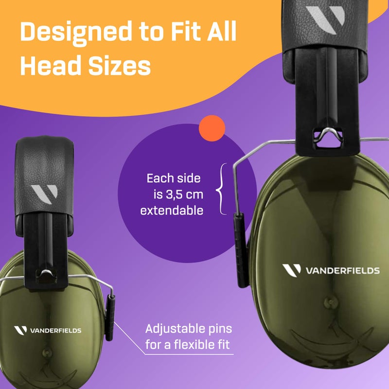 Vanderfields Premium Hearing Protection Ear Muffs - Broad Spectrum Sound Reduction 36.1dB at 2K Hz Noise Cancelling - Headset Safety Noise Cancellation - Headphones Adults and Teens - Army Green - Image 3